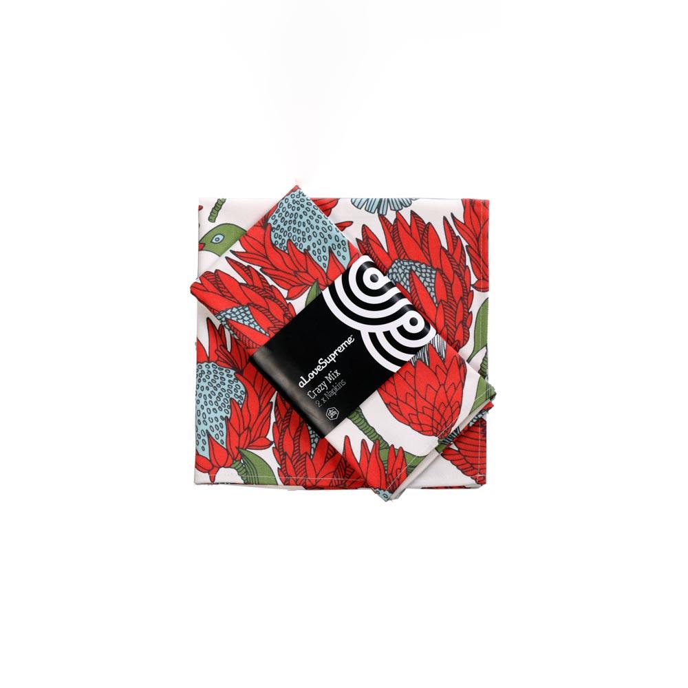 aLoveSupreme Cotton Fabric Napkin Sets with Proteas Tableware aLoveSupreme red on cream