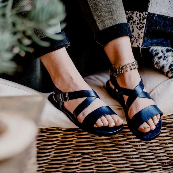 Groundcover Ladies Broad Strap Leather Sandal Navy Made by