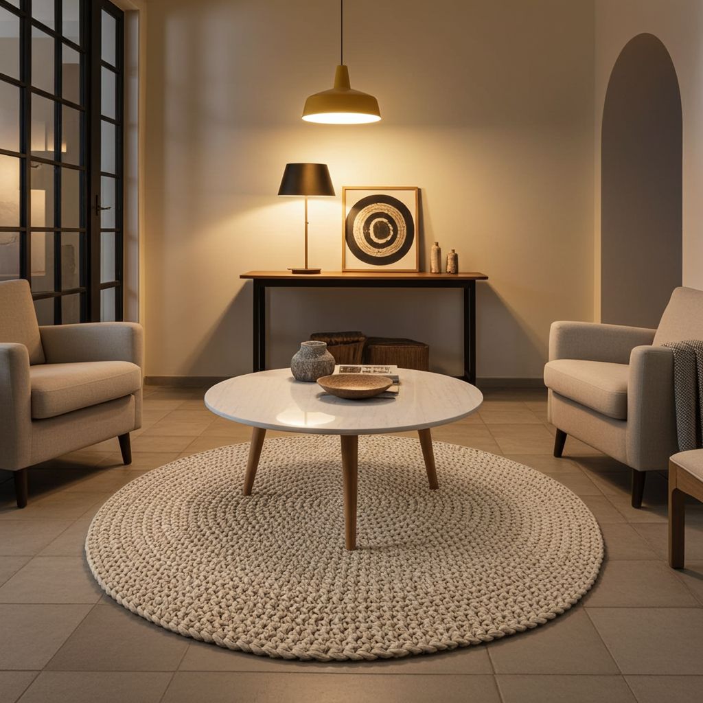 MBA Cotton Crochet Round Mats Rugs & Mats Made by Artisans Stone Beige 80cm 