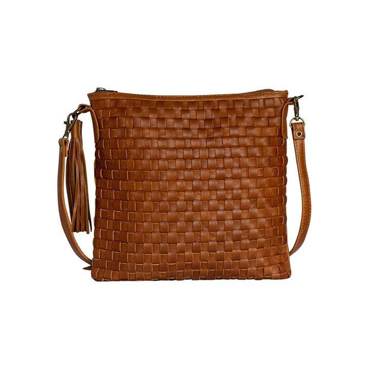Mally Woven Leather Cross-Body Sling Bag clothing & accessories Mally Leather Bags toffee