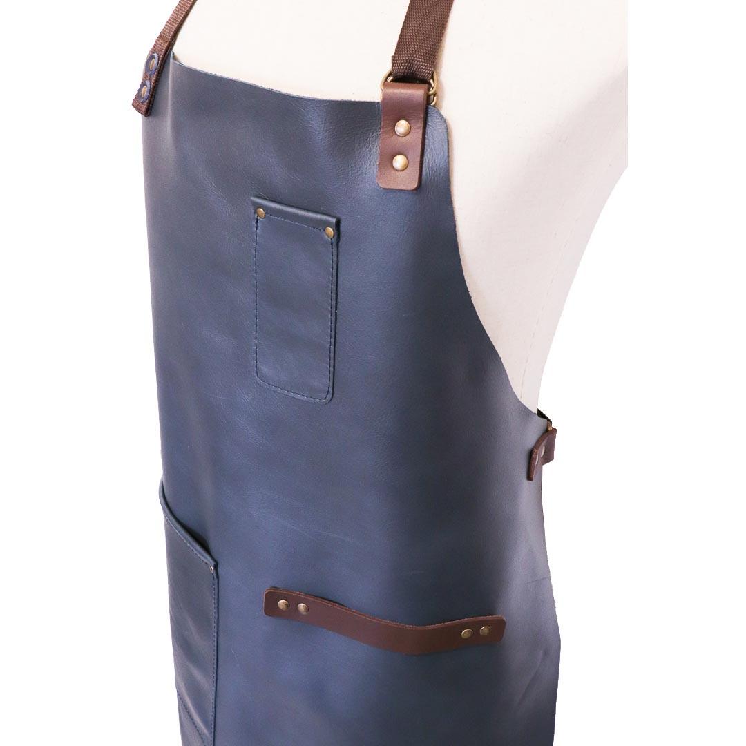 Unisex Leather apron. Dark Brown Leather Apron With dark blue Leather Pockets fashion & Crossed Leather Straps. Amazing fit leather apron, gift idea